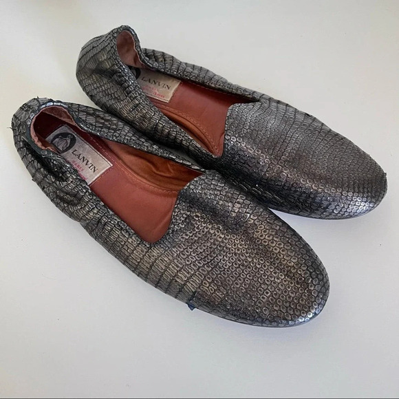 Lanvin Pewter Metallic Textured Loafer Ballet Flat - Picture 1 of 12